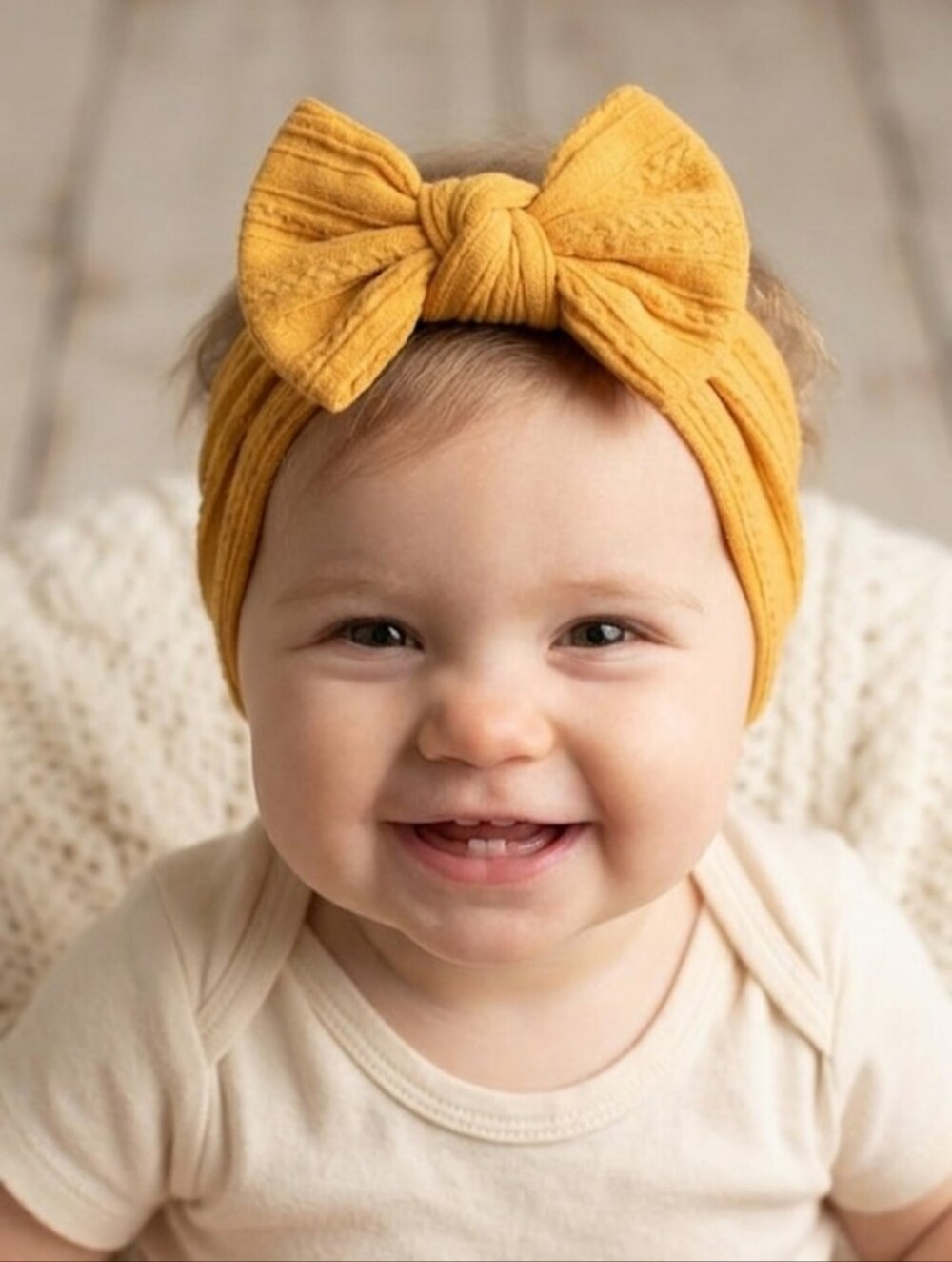 Boho Kids Bowknot Headband Mustard Yellow Cable Knit Baby Turban Soft Hairband